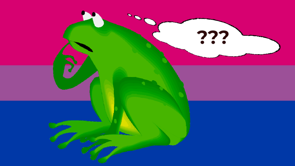 Bi+Flagge mit Frosch und Gedankenblase, in der "???" steht